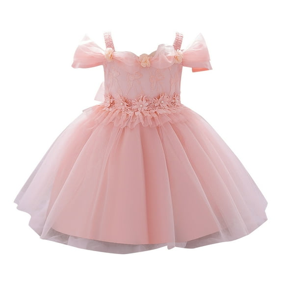 XFHLMJFF Girls Dress Kids Toddler Short Sleeve Solid Color Baby Spring Summer Bow Tie Tulle Ruffle Bubble Sleeve Princess Frocks Leisure Sundress