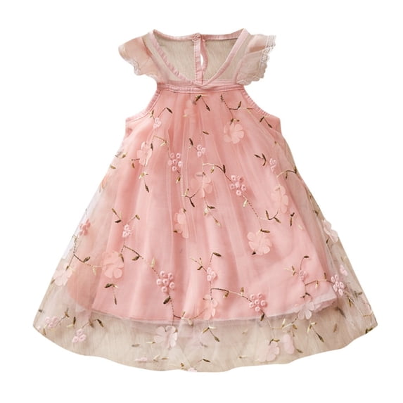 XFHLMJFF Girls Dress Short Sleeve Tulle Lace Toddler Tutu Embroidery Floral Fly Sleeve Princess Baby Comfortable Sundress