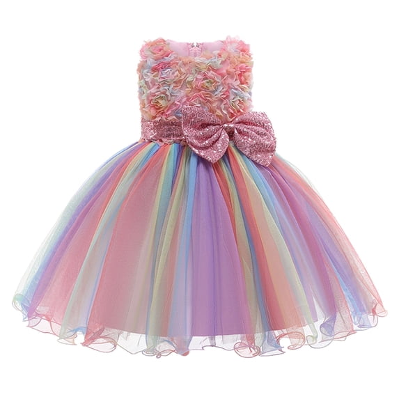 XFHLMJFF Girls Dress Sleeveless Gown Princess Tulle Bowknot Birthday Wedding Paillette Party Kids Pageant Cute Sundress