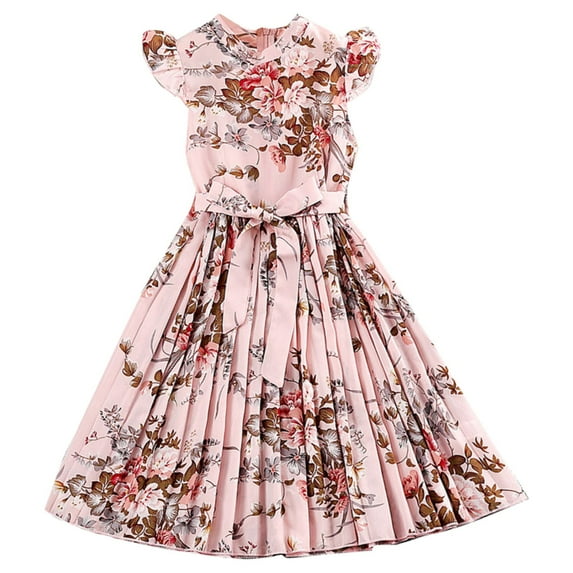 XFHLMJFF Girls Dress Summer Flower Print Sleeveless Plain Pleated Casual Party Dresses Size 7Y-8Y