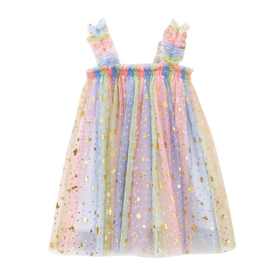 XFHLMJFF Girls Dress Toddler Baby Kids Rainbow Tie Dye Gradient Summer Sleeveless Spaghetti Strap Tutu Casual Layered Tulle Princess Birthday Party Beach Leisure Sundress