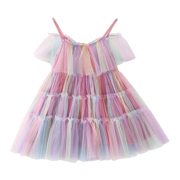 XFHLMJFF Girls Dress Toddler Hem Pleated Sleeveless Tulle Rainbow Tie Dye Princess Dance Party Ruffles Frocks Pleasant Sundress