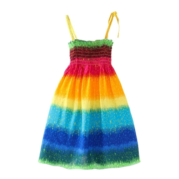XFHLMJFF Girls Dress Toddler Kids Floral Bohemian Rainbow Flowers Sleeveless Beach Straps Princess Trendy Sundress
