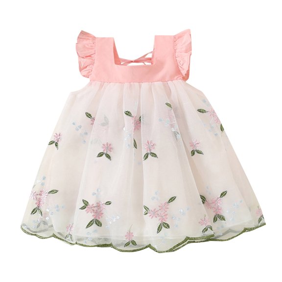 XFHLMJFF Girls Dress Toddler Short Sleeve Mesh Floral Embroidery Tulle Ruffles Princess Dance Party Clothes Frocks Leisure Sundress