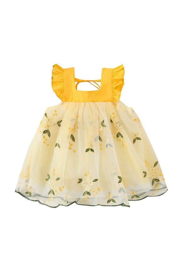 Girls Dress Toddler Short Sleeve Mesh Floral Embroidery Tulle Ruffles Princess Dance Party Clothes Frocks Trendy Sundress