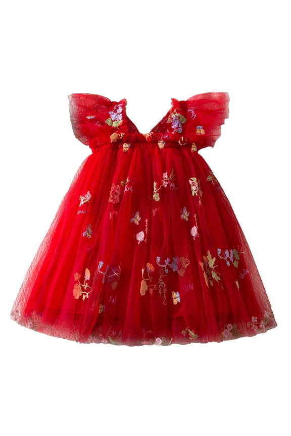 Girls Dresses Toddler Sleeveless Embroidered Flowers With Wing Tie Holiday Dance Party Tulle Dresses for 0-5 Years