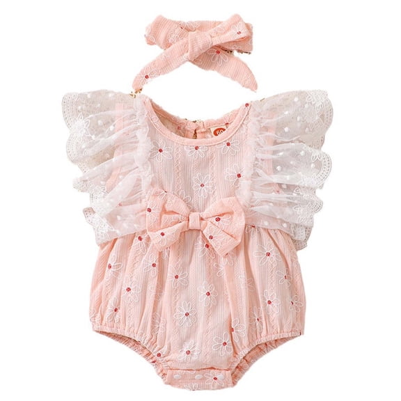 XFHLMJFF Girls Romper Lace Bowknot Sleeveless Fly Sleeve Pullover Coveralls Bodysuits With Headband Princess Dress for 12-18 Months