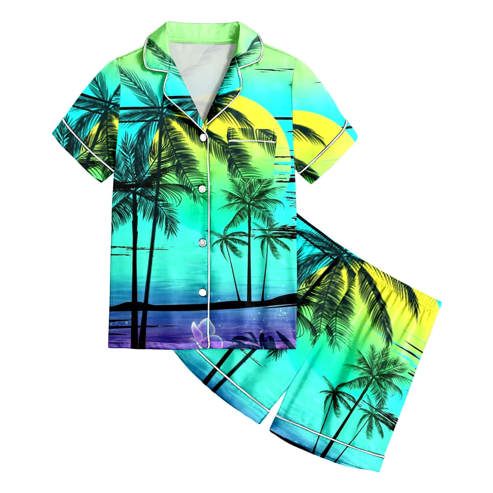 Allegra K Women's Summer 2-Piece Beach Outfit Set - Printed Button Down Shirt & Elastic Waist Shorts, Casual Vacation Wear