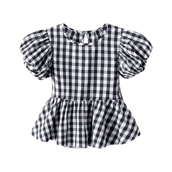 XFHLMJFF Girls T-Shirt Summer Plaid Pleated Hem Crew Neck Short Sleeve Solid Color Casual Seaside Exclusive Tops Leisure Tee