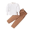 thumbnail image 1 of XFHLMJFF Girls Trendy Outfits Toddler Fashion Puff Sleeves Long Sleeve Tops Belted Pant 2Pcs Set Casual Dailywear, 1 of 8
