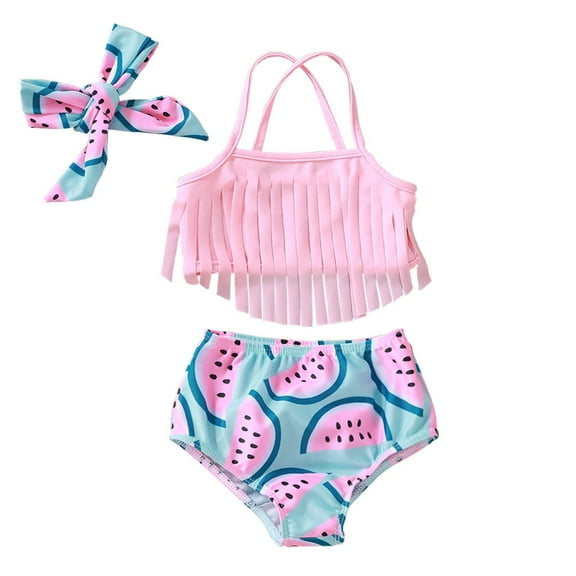 XFHLMJFF Kids Baby Girls Tassel Watermelon Print Short Summer Two Piece Swimwear Swimsuit Bikini 9-12M