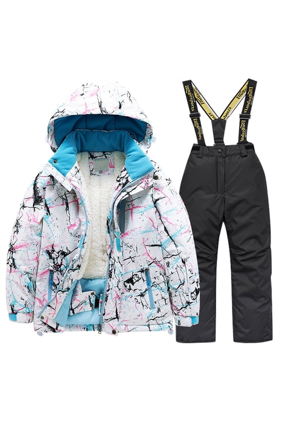 Kids Lined Ski Suit Snowsuits Ski Overall Winter Suit Thickened Waterproof Windproof Snowboarding Children Patchwork Colorful Warm Snow Suits Jacket and Pants 2Pcs 12-14 Years