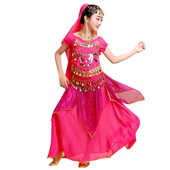 XFHLMJFF Kids Toddler Girl Outfits India Belly Dance Mesh Colorful Shine Performance Show Party Girl's Clothing Sets Size 7Y-8Y