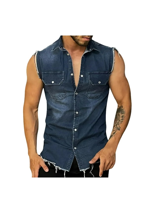 Men's Muscle Fit Shirts Casual Athletic Stretch Summer Vintage Denim Vest Sleeveless Jacket Lightweight Blouse