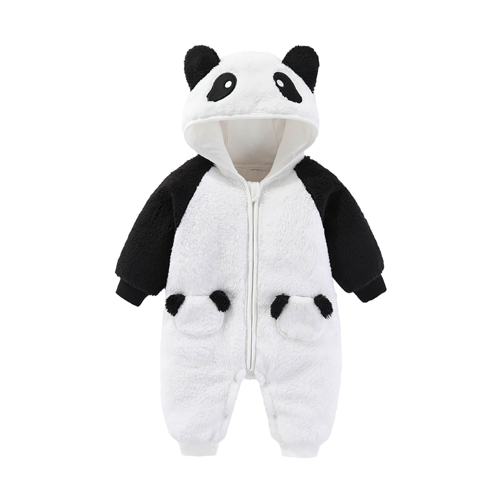XFHLMJFF Jumpsuits Baby Panda Ainmal Cartoon Outfit Fold Over Mittens Footies Coveralls Girls Boys Solid Color Long Sleeve Winter Warm Hooded Snowsuit One Piece Size 12-18 Months