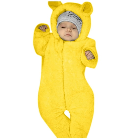 XFHLMJFF Onesies 0-3 Months Unisex Bear Ears Jumpsuit Hooded Long Sleeve Winter Footed Bodysuit Girl Baby Boys Solid Color Outerwear