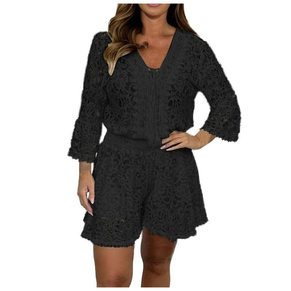 XFHLMJFF Summer Two Piece Suit For Women Tops Shorts Set Casual Lace Slim V-Neck Flared Short Sleeve Elegant Embroidery Hollow Party Leisure Outfits