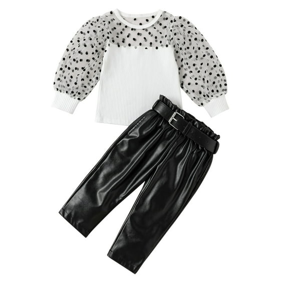 XFHLMJFF Toddler Baby Girl Outfits Casual Children Tulle Long Sleeve Puff Ribbed T-Shirt Pu Leather Pants With Belt Two Pieces Set Stylish Suit