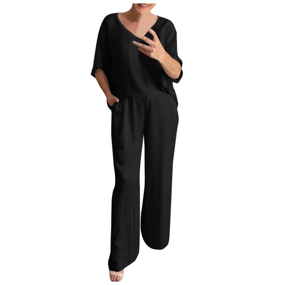 XFHLMJFF Two Pieces Pantsuit Set For Women Casual Flowy Comfy New Thin Silk Spring V Neck Short Sleeve Vintage Solid Color Loose Chic Trousers Outfits
