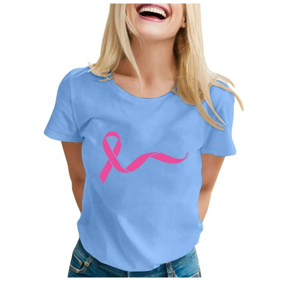 XFHLMJFF Women's Cancer Shirt Pink Ribbon Printed Short Sleeve O Neck Blouse Tee Tops