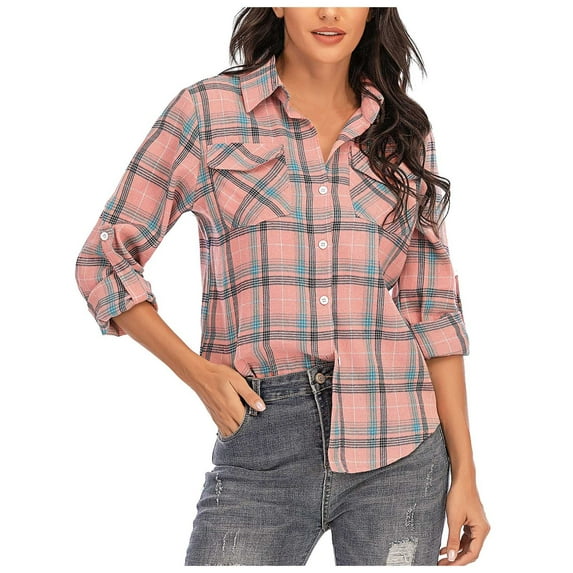 XFHLMJFF Women's Fashion Hoodies Roll Up Long Sleeve Boyfriend Plaid Button Down Flannel Checked Shirt Pullover Tops with Pockets