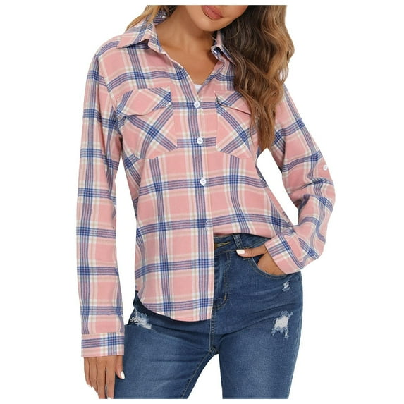 XFHLMJFF Women's Fashion Hoodies Roll Up Long Sleeve Boyfriend Plaid Button Down Flannel Checked Shirt Pullover Tops with Pockets