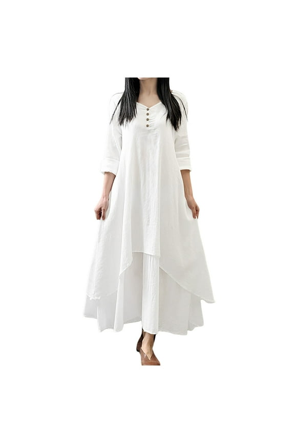 Womens Casual Dresses Basic 2024 Trendy Summer Vacation Classic Artistic Swing Long Sleeve Cotton Linen Lightweight Frocks Casual Wear