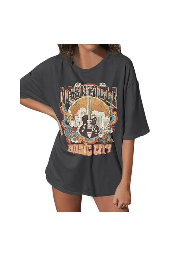Womens Cute Summer Shirts Business Music City Country Concert Rock Band Vintage Guitar Graphic Trendy Tee Blouses