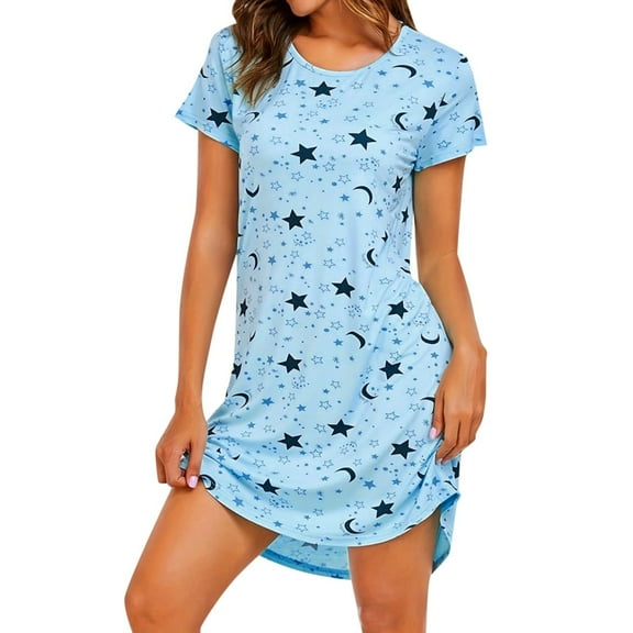 XFHLMJFF Womens Nightgowns Pajamas Casual Classic Round Neck Short Sleeve Polka Dot Soft Skin Friendly Dress Lightweight Sleepwear Nightwear