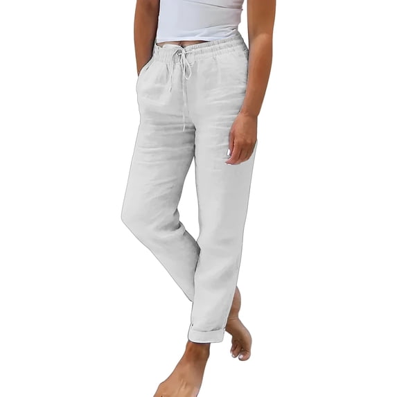 XFHLMJFF Womens Pants Elastic Waisted Loose Fit Casual With Pockets 2024 Ladies Fall Elastic High Waist Solid Color Cotton Linen Wide Leg Trendy Trousers
