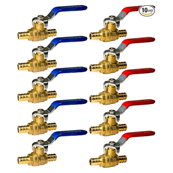 XFITTING 1/2" PEX Brass Full Port Shut Off Valve - 10 Pack (5 Red/5 Blue)