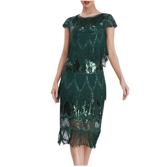 XFLWAM 1920s Gatsby Dresses for Women Cap Sleeve Fringe Flapper Dress Roaring 20s Sequins Beaded Dress Vintage Art Deco Dress