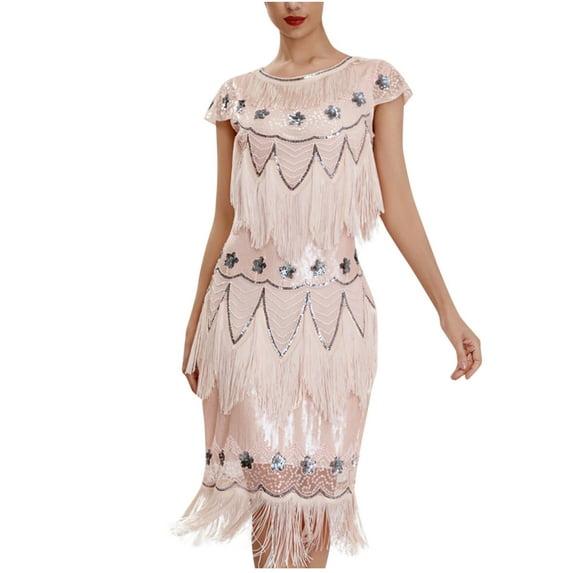 XFLWAM 1920s Gatsby Dresses for Women Cap Sleeve Fringe Flapper Dress Roaring 20s Sequins Beaded Dress Vintage Art Deco Dress