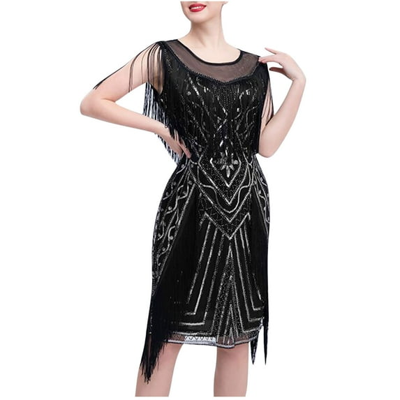 XFLWAM 1920s Gatsby Dresses for Women Sleeveless Fringe Flapper Dress Roaring 20s Sequins Beaded Dress Vintage Art Deco Dress