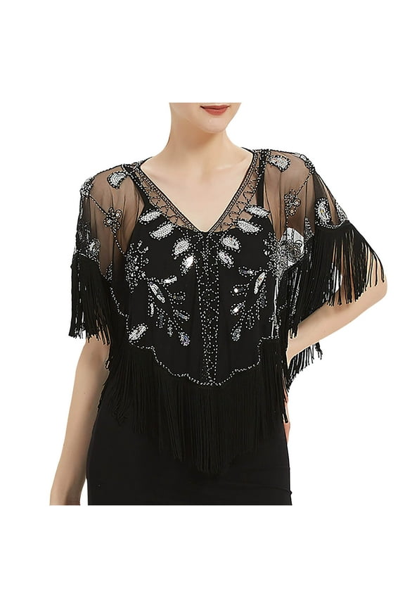 1920s Shawl Wraps Sequin Beaded Evening Cape Bridal Shawl Tassel Cover Up Silver One Size