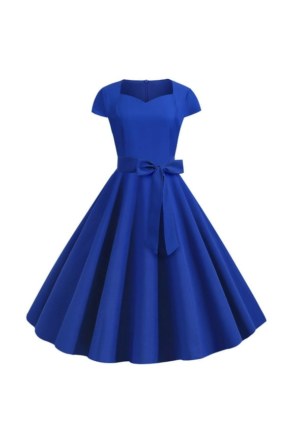 1950s Dresses for Women Cap Sleeve Vintage Cocktail Party Dresses 50s Retro Rockabilly Audrey Hepburn Homecoming Dress with Belt Blue XXL