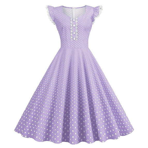 XFLWAM 1950s Retro Rockabilly for Women Sleeveless Lace V-Neck Vintage Cocktail Party Dress Polka Dot A-Line Swing Tea Dresses Purple M