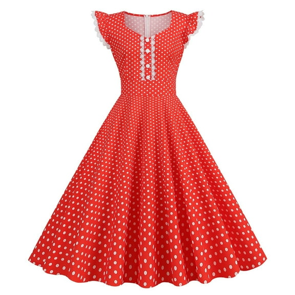 XFLWAM 1950s Retro Rockabilly for Women Sleeveless Lace V-Neck Vintage Cocktail Party Dress Polka Dot A-Line Swing Tea Dresses Red S