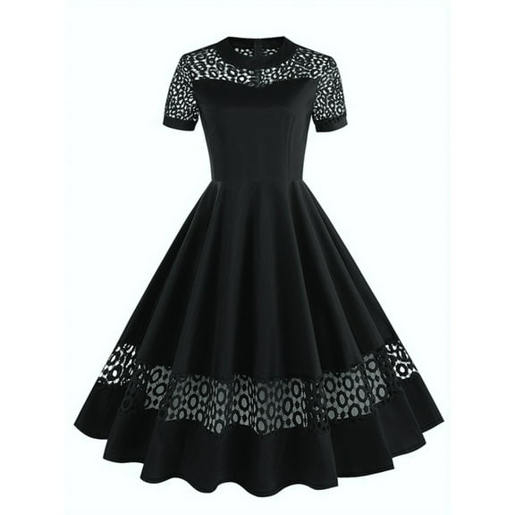 XFLWAM 1950s Vintage Dress Women Mock Neck Short Sleeve Cocktail Dresses Retro Rockabilly Audrey Hepburn A-Line Swing Tea Dress