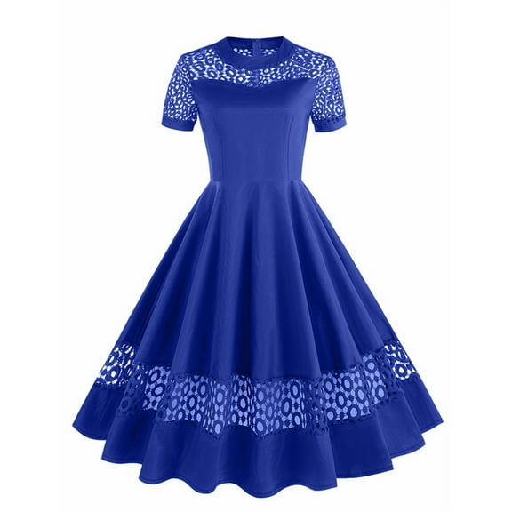 XFLWAM 1950s Vintage Dress Women Mock Neck Short Sleeve Cocktail Dresses Retro Rockabilly Audrey Hepburn A-Line Swing Tea Dress