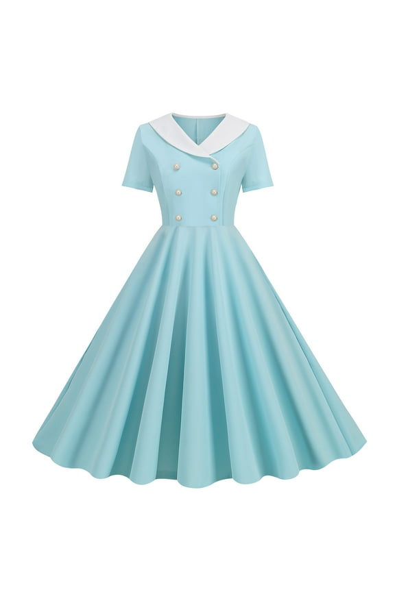 1960s Dresses for Women Lapel Double Breasted Dress 50sVintage Polka Dot Rockabilly Dresses Retro Tea Party Dress Light Blue M