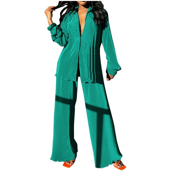 XFLWAM 2 Piece Outfit for Women Long Sleeve Button Down Shirt and Flare Pleated Wide Leg Pants Sets Casual Streetwear