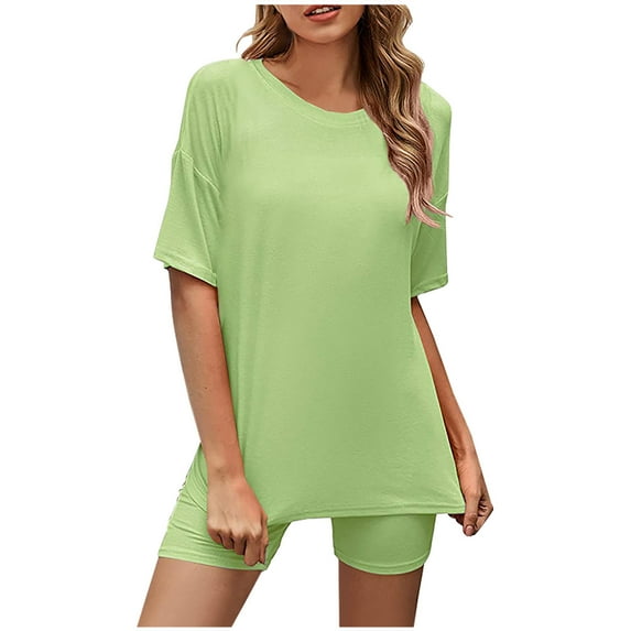 XFLWAM 2 Piece Outfits For Women Crew Neck T-Shirt Tops And Biker Shorts Sets Plus Size Tracksuit Green XXL