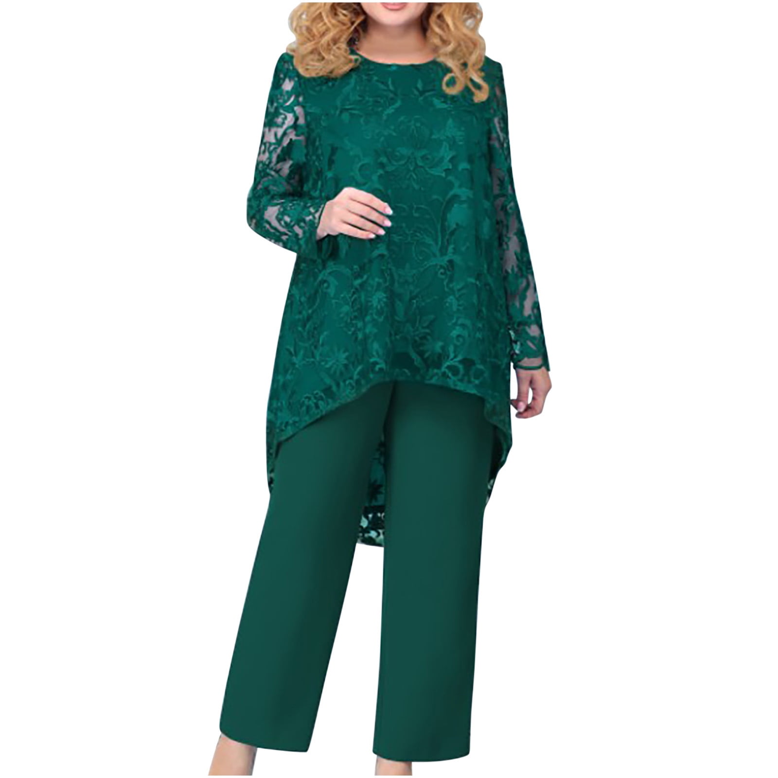 XFLWAM 2 Piece Outfits for Women Lace Long Sleeve Crew Neck High Low Hem Tops  Shirt Dress and Pants Sets Wedding Guest Formal Sets Green XXXXXL -  Walmart.com
