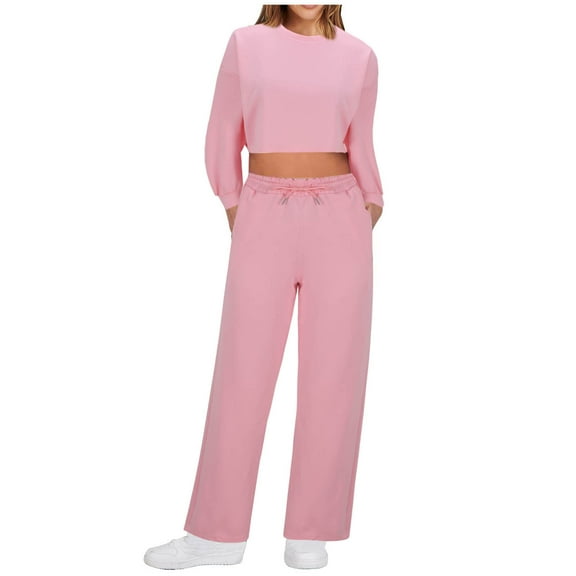 XFLWAM 2 Piece Outfits for Women Sweatsuit Oversized Long Sleeve Crop Sweatshirt Casual Fall Sets Solid Color Cozy Tacksuit Set