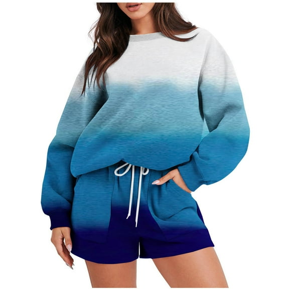 XFLWAM 2 Piece Sets Outfits for Women Fashion Casual Sweatsuits Long Sleeve Gradient Color Loose Tops Sweat Shorts Loungewear