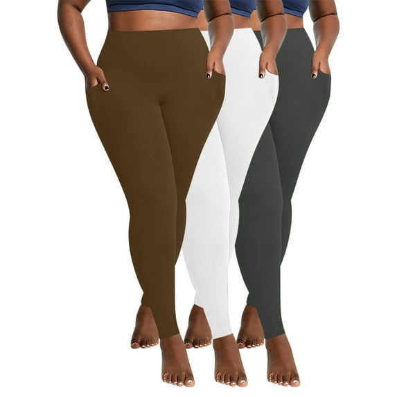XFLWAM 3 Pack Plus Size Leggings for Women Stretchy Tummy Control Workout Yoga Pant High Waist Opaque Leggings with Pockets XL-5XL