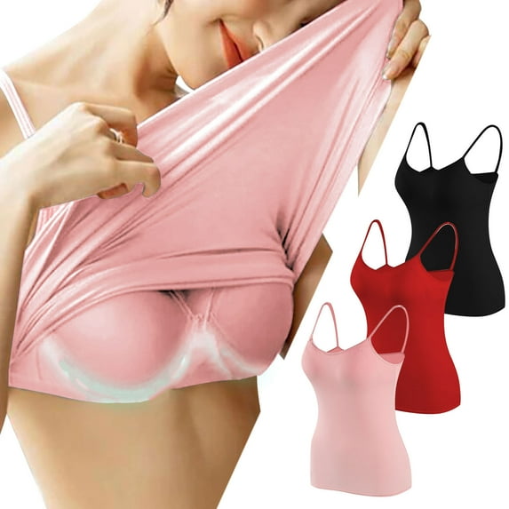 XFLWAM 3 Piecess Built in Bra Tank Tops for Women Summer Casual Spaghetti Strap Camisole Soft Modal Padded Solid Workout Basic Tops