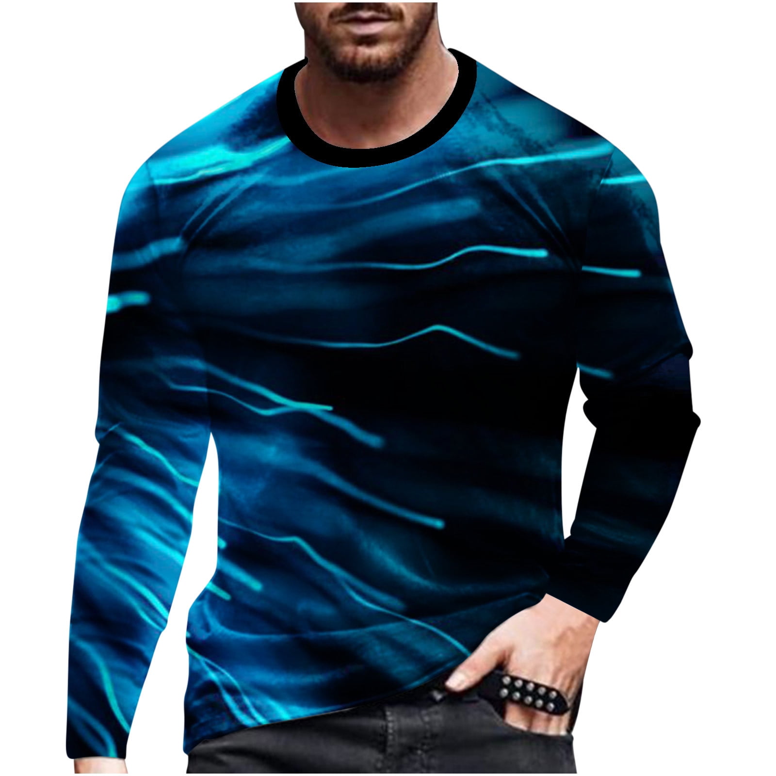 XFLWAM 3D Print Shirts for Men Unisex Graphic Shirts Fashion Plus Size  Crewneck T-Shirt Long Sleeve Streetwear for Mens Rainbow Light Blue 3XL
