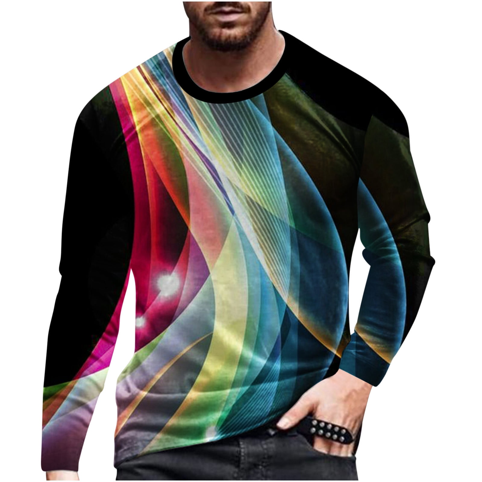 XFLWAM 3D Print Shirts for Men Unisex Graphic Shirts Fashion Plus Size  Crewneck T-Shirt Long Sleeve Streetwear for Mens Rainbow Light Blue 3XL